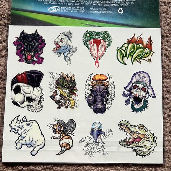 NEW LOT 75 Savvi Glow Tattoo Mania Skull Crossbone Tiger Shark Snake Pirate Lion - Picture 9 of 9
